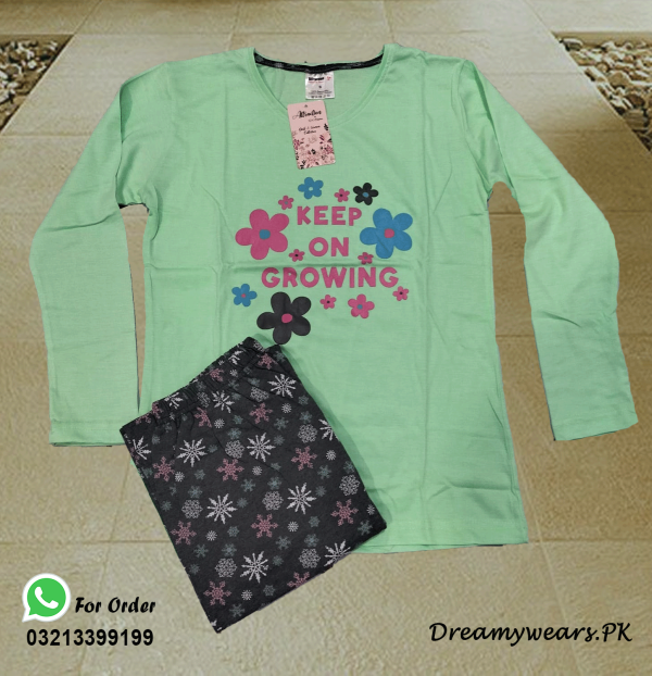 Green Keep On Growing Full Sleeves Cotton Jersey Ladies Sleep Dress Night Suit with Printed Shirt and Trouser (Complete Sleeping Suit) For Women and Girls