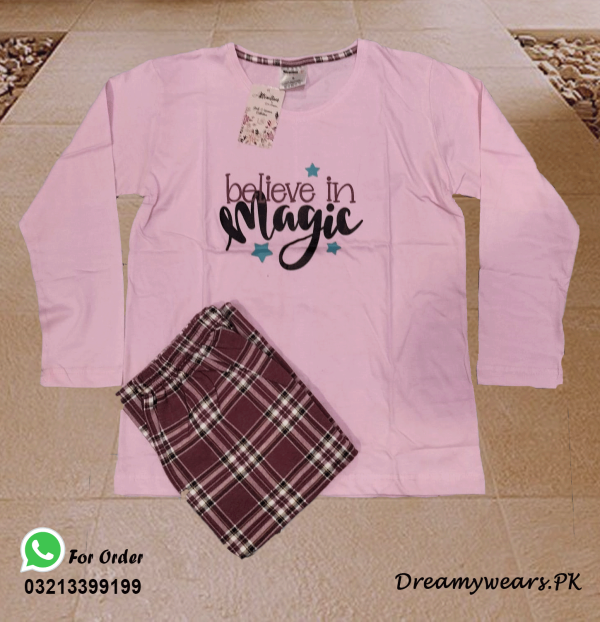 Pink Believe In Magic Full Sleeves Cotton Jersey Ladies Sleep Dress Night Suit with Printed Shirt and Trouser (Complete Sleeping Suit) For Women and Girls
